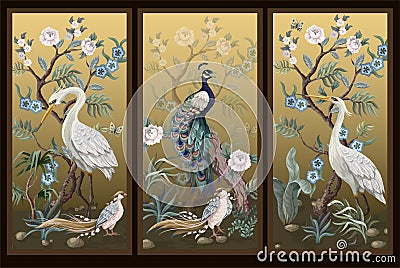 Folding screen in chinoiserie style with peacock and peonies on golden background. Vector. Vector Illustration