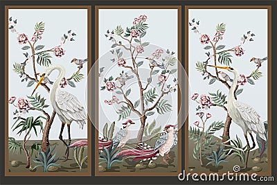 Folding screen in chinoiserie style with storks and peonies. Vector. Vector Illustration