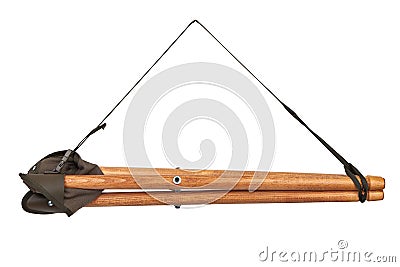 Folding wooden hunting stool tripod isolate on white background. Three-legged camping chair Stock Photo