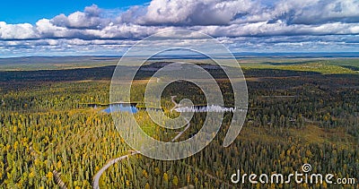 Foliage forest, hills, road and cabins Stock Photo