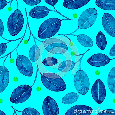 Foliage Seamless Pattern. Cyan Watercolor. Stock Photo