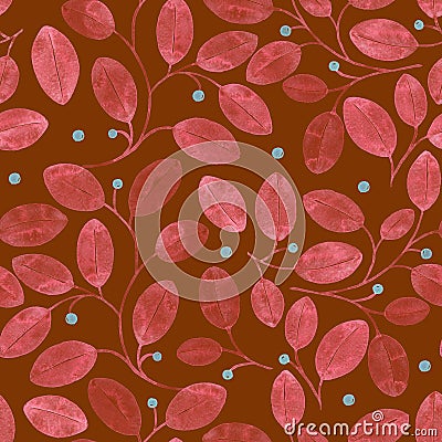 Foliage Seamless Pattern. Deep orange Watercolor. Stock Photo