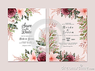 Foliage wedding invitation template set with burgundy and brown watercolor floral border decoration. Botanic card design concept Vector Illustration