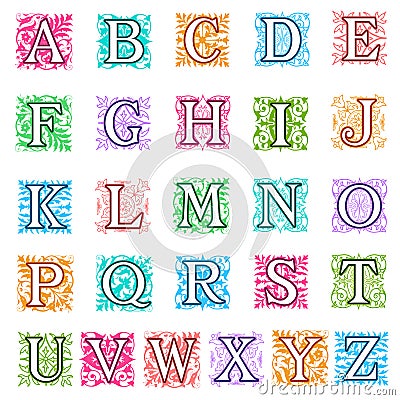 Foliate and floral alphabet letters set Vector Illustration