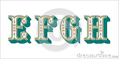 Folk alphabet ornamental floral letter E F G H Vector Illustration