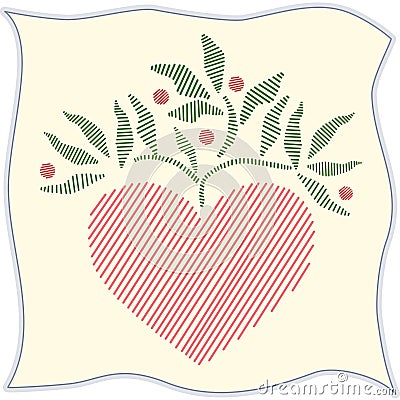 Folk Art Embroidered Heart on Linen Vector Illustration