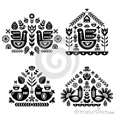 Folk art pattern collection with four single pattern. Monochrome decorative composition. Vector Illustration