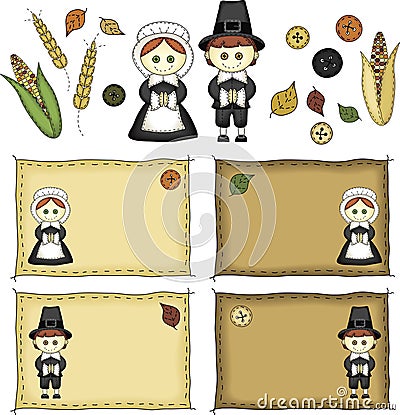 Folk Art Pilgrims and Thanksgiving Icons Vector Illustration