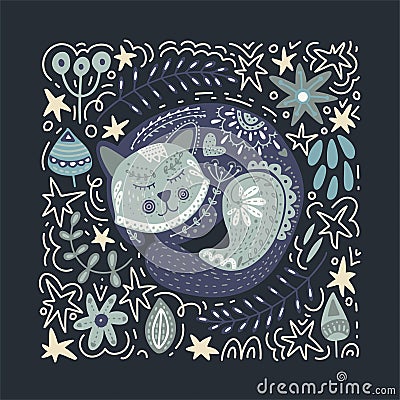 Folk art vector cat illustration. Vector Illustration