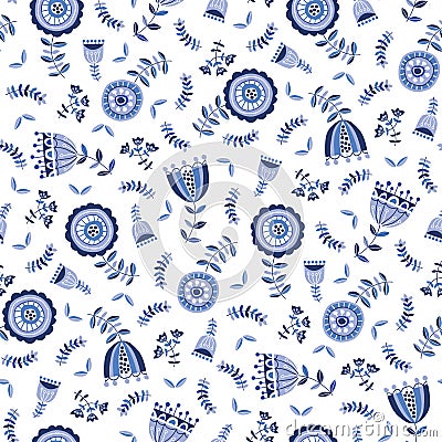 Folk Blue Flowers on White Background Vector Seamless Pattern. Delft Florals. Hand-drawn doodle monochrome flora. Vector Illustration