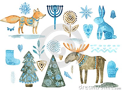 Folk Christmas animals clipart Watercolor illustration of a Nordic winter elements collection Cartoon Illustration