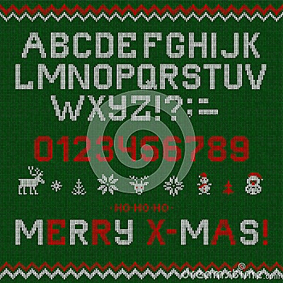 Folk Christmas Font Scandinavian style knitted letters alphabet seamless pattern Vector Illustration