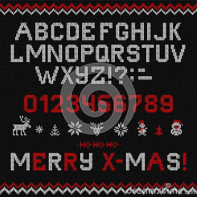 Folk Christmas Font Scandinavian style knitted letters alphabet seamless pattern Vector Illustration