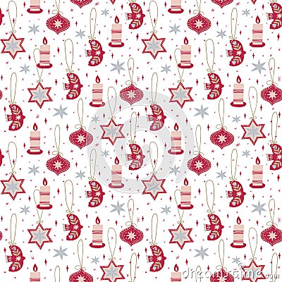 Folk Christmas toys seamless pattern in Viva Magenta color. Hand drawn stars, bird, candle for New Year and Christmas Stock Photo