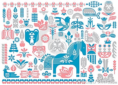 Swedish Dala horse pattern, Scandinavian seamless folk art design with flowers Vector Illustration