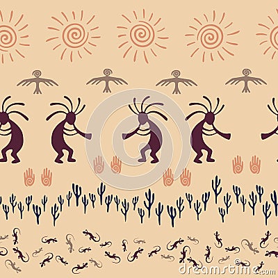 Folk, design with gecko, Kokopelli fertility god, sun, bird, cacti. Vector Illustration