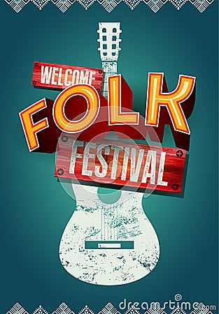 Folk festival poster with acoustic guitar shape. Vector illustration. Vector Illustration