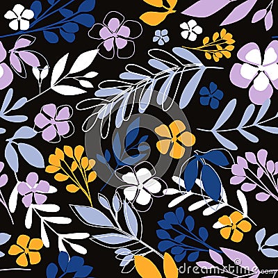 Folk floral seamless pattern. Modern abstract little flowers and leaves endless wallpaper Cartoon Illustration