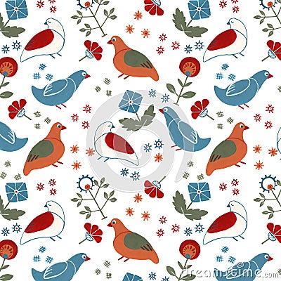Folk floral seamless pattern wit birds Stock Photo