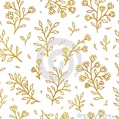 Folk flowers vintage raster seamless pattern. Ethnic floral motif white hand drawn background. Contour golden Stock Photo