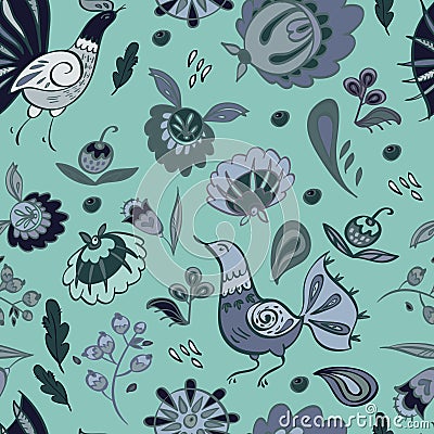 Folk Garden in Moonlight Seamless Vector Pattern Vector Illustration