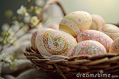 folk hand painted Easter eggs in wicker basket close-up. Easter card Stock Photo