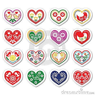 Folk hearts with flowers and birds icons set Stock Photo