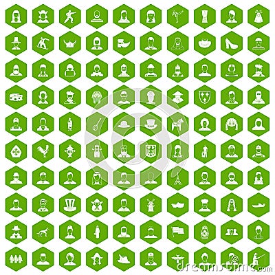 100 folk icons hexagon green Vector Illustration