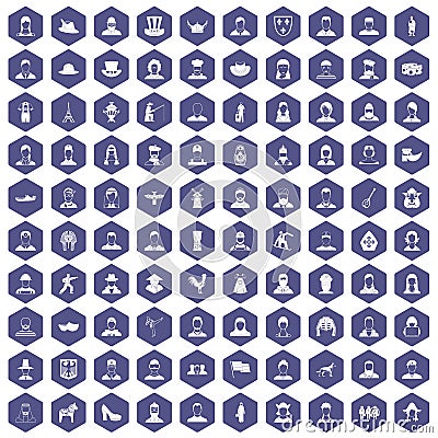 100 folk icons hexagon purple Vector Illustration