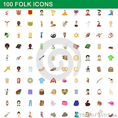 100 folk icons set, cartoon style Vector Illustration