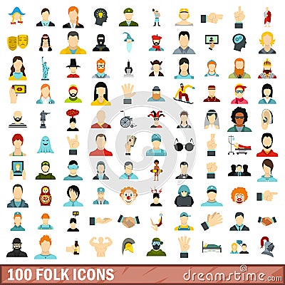 100 folk icons set, flat style Vector Illustration
