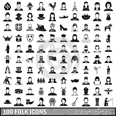 100 folk icons set, simple style Vector Illustration