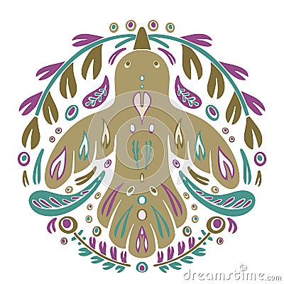 Folk ornamet with flying bird. Round doodle template for t-shirt, poster. Color floral symmetric illustration. Scandinavian or Vector Illustration