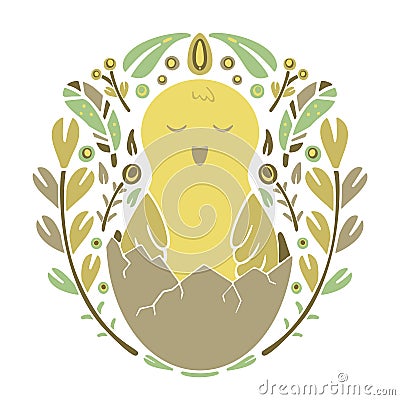 Folk ornamet with hatched chick. Round doodle template for t-shirt, poster, card, banner. Color floral illustration. Cute Vector Illustration