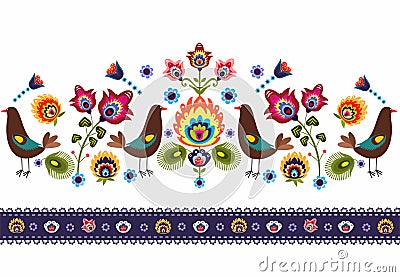 Folk Pattern With Birds Vector Illustration