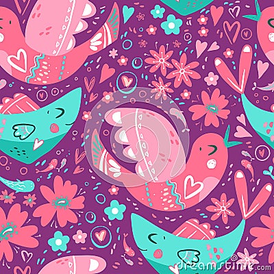 Folk romantic ornament with flower, fish and bird. Seamless pattern, vector illustration. Vector Illustration