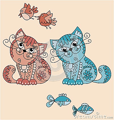 Folk-style cats with birds and fish Vector Illustration