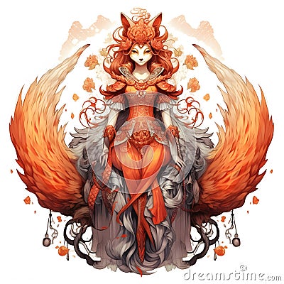 chinese queen nine tailed fox graphic vector Cartoon Illustration