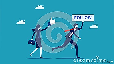 Follow. businessman holding a follow button and a businesswoman with a mouse pointer to click Vector Illustration