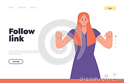 Follow link invitation for landing page design template with woman cartoon character pointing down Vector Illustration