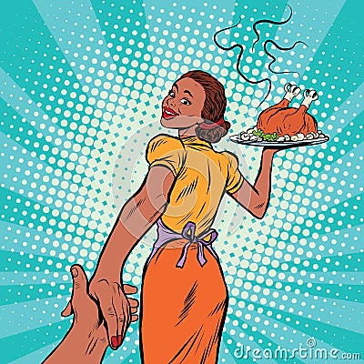 Follow me African-American housewife with roast Turkey Vector Illustration