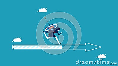 Follow progress goals. Businesswoman with a goal running on an arrow pointing forward Vector Illustration