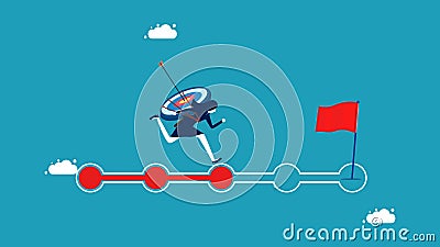 Follow progress goals. businesswoman with goals running on progress bar Vector Illustration