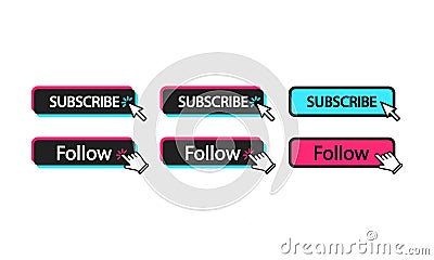 Follow, subscribe button with cursor, mouse pointer. Button template for popular social networks. Follow on channel. EPS 10 vector Vector Illustration