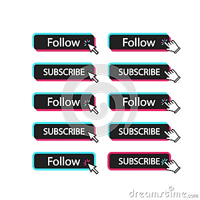 Follow, subscribe button with cursor, mouse pointer. Button template for popular social networks. EPS 10 vector Vector Illustration