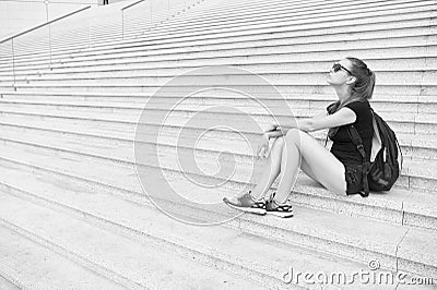 Follow your dream it knows way. Tired traveler relax on stairs. Pretty girl dream and fantasy. Cute dreamer sit on stone Stock Photo