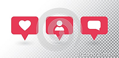 Follower notification. Social media set notifications icons: like, follower, comment. Red new message bubble. Friend Vector Illustration