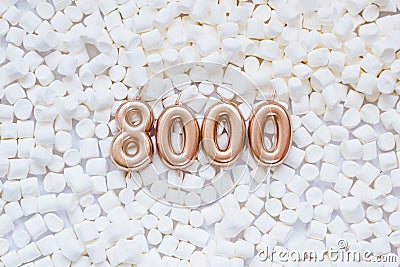 8000 followers card. Template for social networks, blogs. Background with white marshmallows Stock Photo