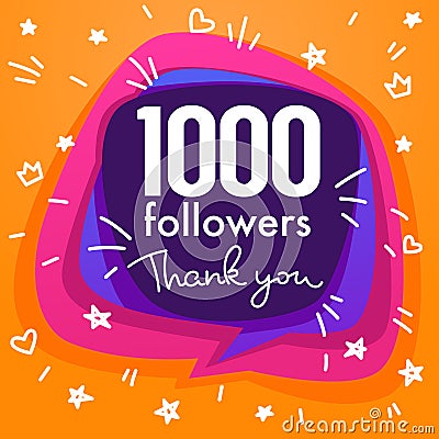 1000 followers , thank you banner, stars, confetti and lettering Vector Illustration