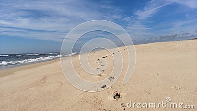 Following footprints on Beach Shore Stock Photo